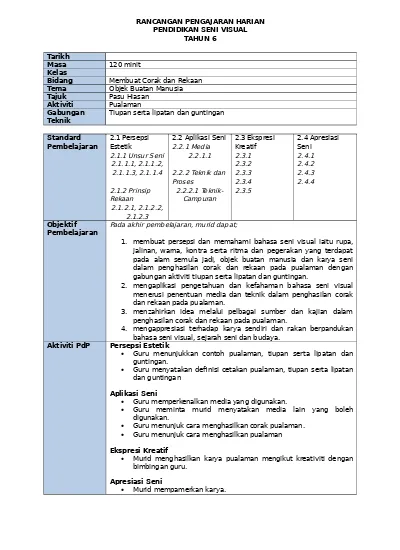 Rph Psv Tahun 4 Minggu 24 Corak Rekaan Ikatan Dan Celupan