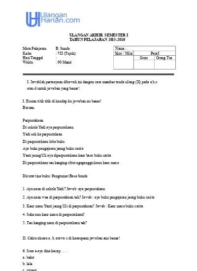 Soal Uas Bahasa Sunda Kelas 7 Smpmts Semester 1