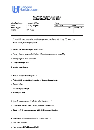 Soal Uas Aqidah Akhlak Kelas 7 Mts Semester 1 Ganjil Soal 1