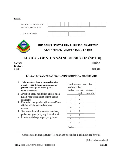 Percubaan Upsr Sn Baram Sumber Pendidikan Cover Sains K2