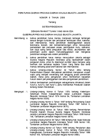 Peraturan Daerah Nomor 8 Tahun 2006 Tentang Sistem Pendidikan