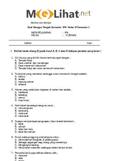 Soal Uts Ipa Kelas 6 Semester 1