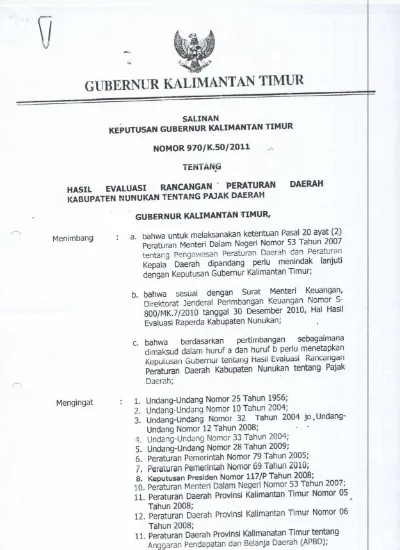 SK.50.2011 Ttg HASIL EVALUASI RANCANGAN PERDA KAB.NUNUKAN TENTANG PAJAK ...