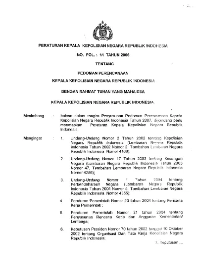 PERATURAN KAPOLRI NOMOR 11 TAHUN 2006 TENTANG PEDOMAN PERENCANAAN