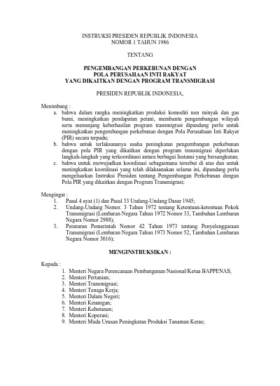 Instruksi Presiden Republik Indonesia Nomor 1 Tahun 1986