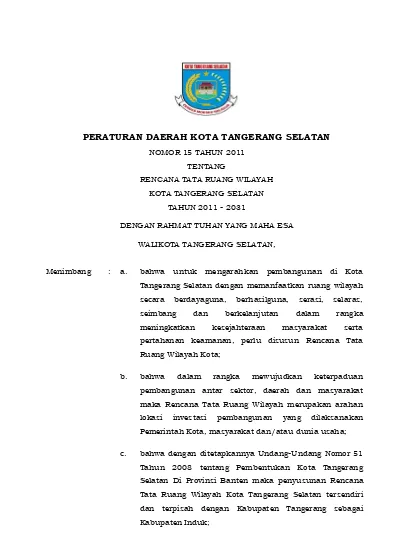 Perda Tangerang Selatan No. 15 Tahun 2011 Ttg Rencana Tata Ruang ...