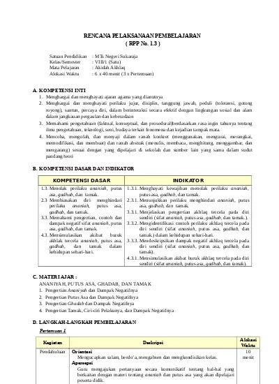 Rpp Akidah Akhlak Mts Kurikulum 2013 Kelas 7 8 9 Administrasi Sekolah Kkm Kelas Viii