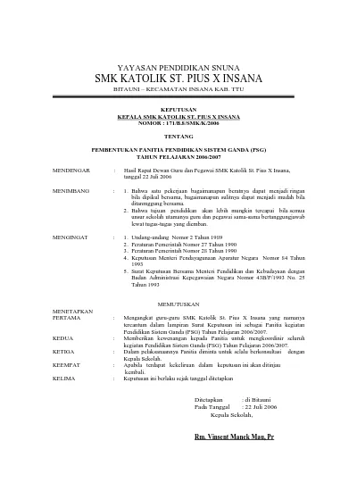 Dokumen Surat Keputusan Kepala Sekolah | Set Datang Di Website SMK St. Pius X Insana SK PSG