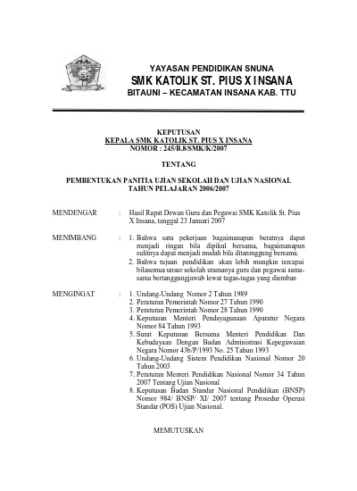 Dokumen Surat Keputusan Kepala Sekolah | Set Datang Di Website SMK St. Pius X Insana SK UAS   UAN