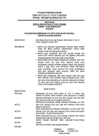 Dokumen Surat Keputusan Kepala Sekolah | Set Datang Di Website SMK St. Pius X Insana SK LES SORE