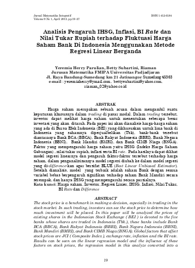 Analisis Pengaruh IHSG, Inflasi, BI Rate Dan Nilai Tukar Rupiah ...