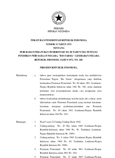 PERUBAHAN PERATURAN PEMERINTAH NO. 80 TAHUN 1961 TENTANG PENDIRIAN ...