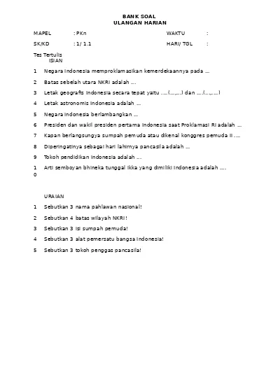 Top Pdf Soal Ulangan Harian Kelas 5 Semester 1 Pkn 123dok Com