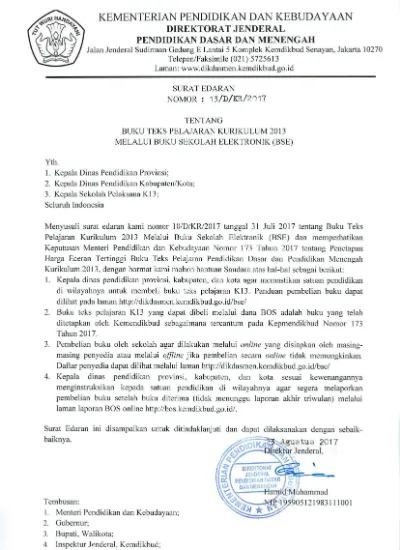 Surat Edaran Dirjen Dikdasmen No. 13 D KR 2017 Tentang Buku Teks ...