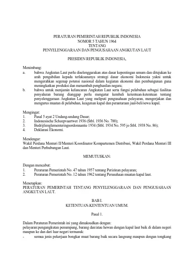 PERATURAN PEMERINTAH REPUBLIK INDONESIA NOMOR 5 TAHUN 1964 TENTANG ...