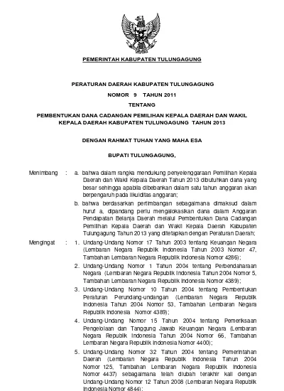 PERDA NO 9 TAHUN 2011 TENTANG PEMBENTUKAN DANA CADANGAN PEMILIHAN ...