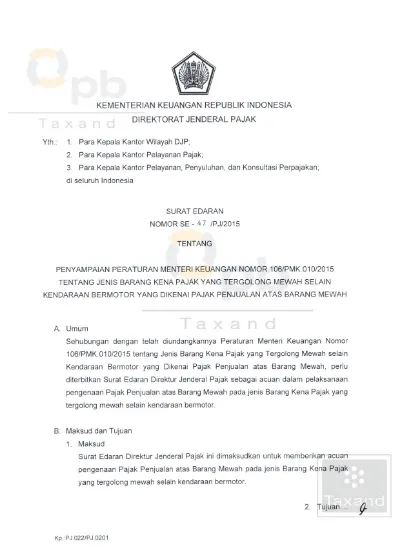 SURAT EDARAN DIREKTUR JENDERAL PAJAK NOMOR SE-47 PJ 2015