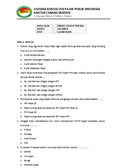 CONTOH SOAL UJIAN 1 BREVET A DAN B TERPADU AKP2I PHBT