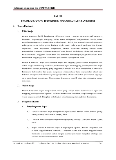 Bab III (Pedoman Dan Tata Tertib Kerja Dewan Komisaris Dan Direksi)