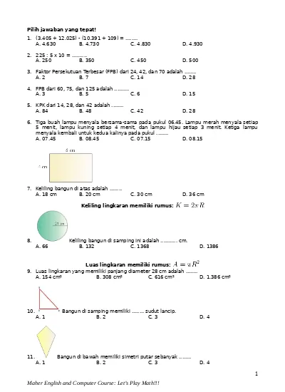 Soal Matematika Kelas 6 Dan Kunci Jawabannya Pdf / Soal Pas Matematika ...