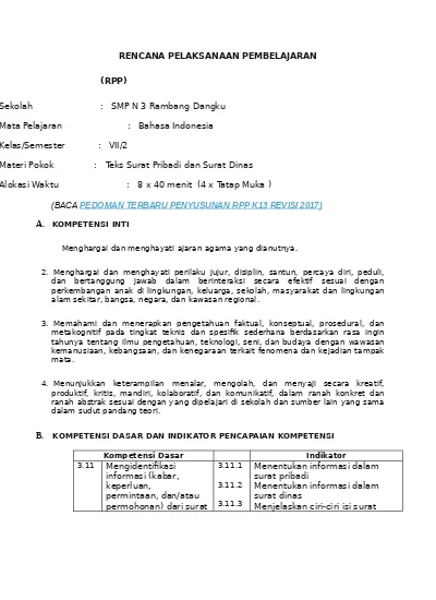 Rpp K13 Kelas 7 Bahasa Indoensia Revisi 2017