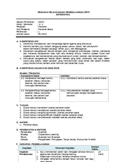 Rpp Matematika Kelas 4 Sd K13 Revisi 2017 Terbaru Pecahan Desimal Doc