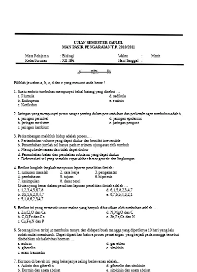 Soal Biologi Kelas 12 Semester 1 - Satu Trik