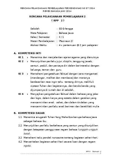 Rpp Bahasa Jawa Kelas 2 Sd Kurikulum 2013 Pasinaon 2