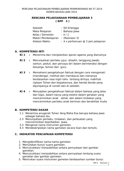 RPP Bahasa Jawa Kelas 2 SD Kurikulum 2013 Pasinaon 3
