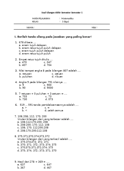 Latihan Soal Uas Matematika Kelas 3 Sd