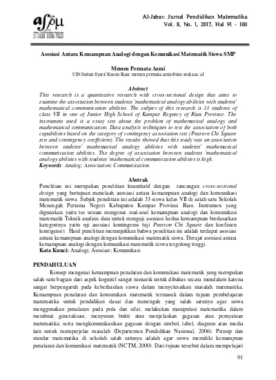 Asosiasi Antara Kemampuan Analogi Dengan Komunikasi Matematik Siswa Smp Memen Permata Azmi
