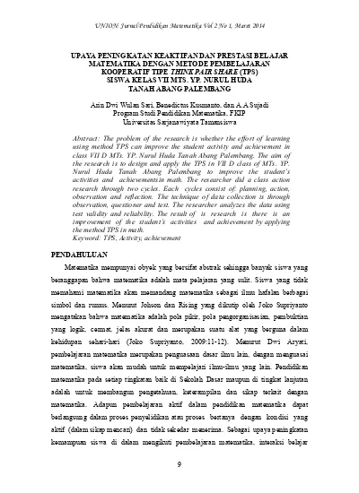 Upaya Peningkatan Prestasi Belajar Pkn Melalui Metode Pembelajaran Think Pair Share Tps Bagi Siswa Kelas Vii C Smpn 3 Prambanan Tahun Ajaran 2009 2010