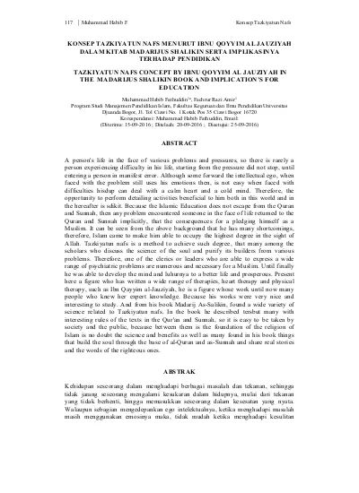 Konsep Tazkiyatun Nafs Menurut Ibnu Qoyyim Al Jauziyah Dalam Kitab Madarijus Shalikin Serta Implikasinya Terhadap Pendidikan Tazkiyatun Nafs Concept By Ibnu Qoyyim Al Jauziyah In The Madarijus Shalikin Book And Implication S For