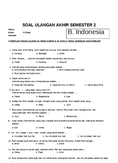 Soal UAS Bahasa Indonesia Kelas 2 SD Semester 2 Dan Kunci Jawaban