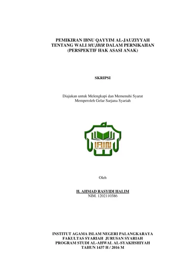 Pemikiran Ibnu Qayyim Al Jauziyyah Tentang Wali Mujbir Dalam Pernikahan Perspektif Hak Asasi Anak Digital Library Iain Palangka Raya
