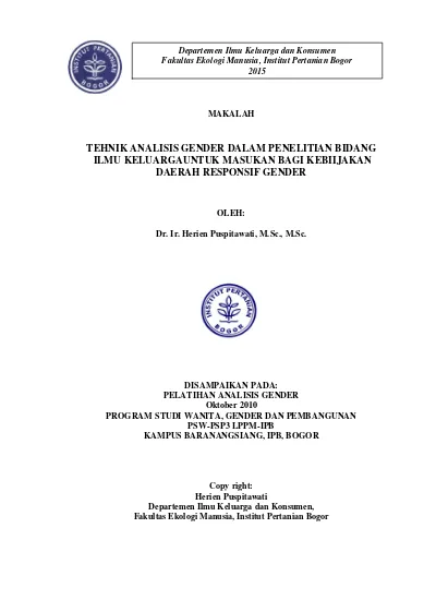 Tehnik Analisis Gender Dalam Penelitian Bidang Ilmu Keluargauntuk Masukan Bagi Kebiijakan Daerah Responsif Gender