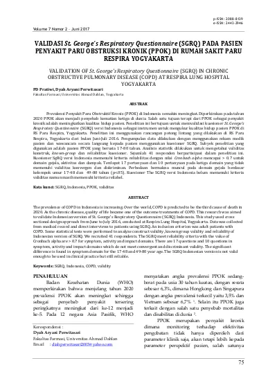 This Pdf File Validation Of St George S Respiratory Questionnaire Sgrq In Chronic Obstructive Pulmonary Disease Copd At Respira Lung Hospital Yogyakarta Pratiwi Jurnal Manajemen Dan Pelayanan Farmasi Journal Of Management