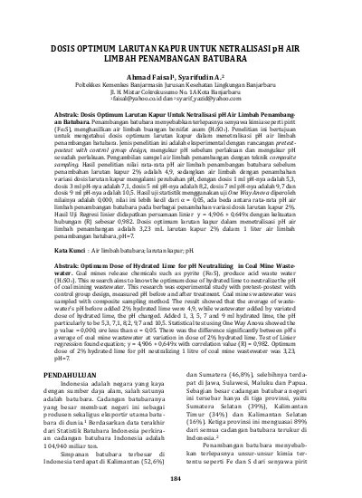 Dosis Optimum Larutan Kapur Untuk Netralisasi Ph Air Limbah Penambangan