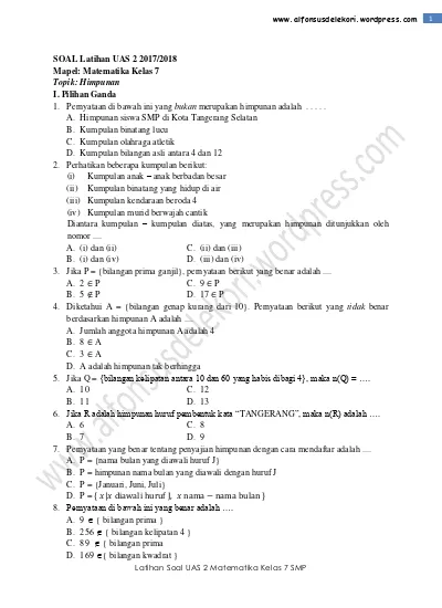 Soal Latihan Uas 2 Matematika 7 Smp