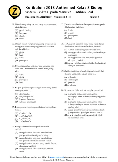 Bab 01 Sistem Ekskresi Pada Manusia Latihan Soal