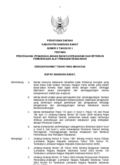 PERATURAN DAERAH KABUPATEN BANDUNG BARAT NOMOR 9 TAHUN 2011 TENTANG ...