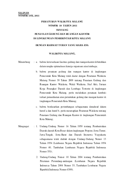 SALINAN PERWAL NOMOR 18 TAHUN 2011 TENTANG PENATAAN GEDUNG DAN RUANGAN ...