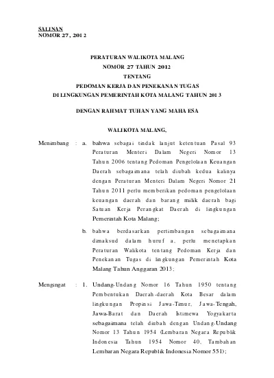 SALINAN PERWAL NOMOR 027 TAHUN 2012 TENTANG PEDOMAN KERJA DAN PENEKANAN ...