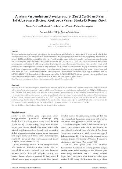 Analisis Perbandingan Biaya Langsung Direct Cost Dan Biaya Tidak Langsung Indirect Cost Pada Pasien Stroke Di Rumah Sakit