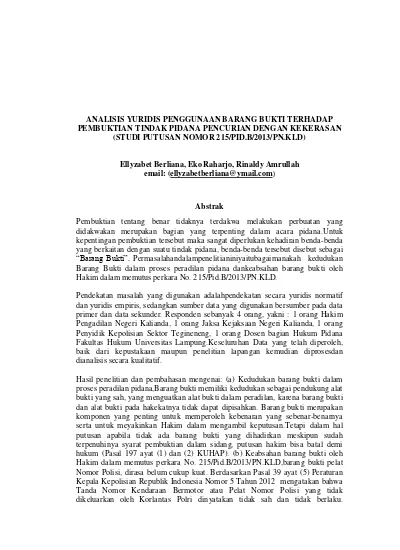 ANALISIS YURIDIS PENGGUNAAN BARANG BUKTI TERHADAP PEMBUKTIAN TINDAK ...