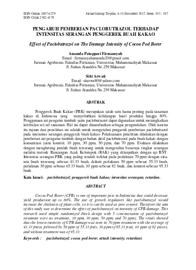 PENGARUH PEMBERIAN PACLOBUTRAZOL TERHADAP INTENSITAS SERANGAN PENGGEREK ...