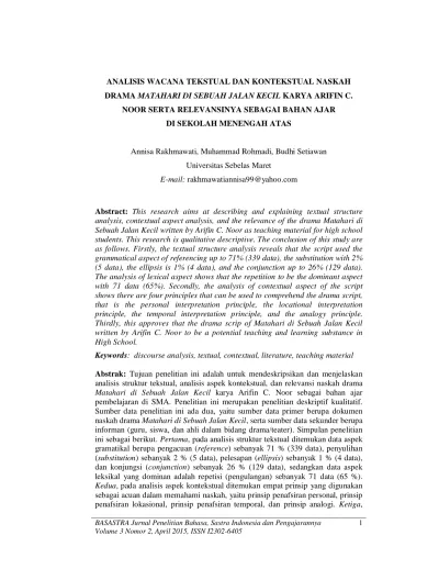 Analisis Wacana Tekstual Dan Kontekstual Naskah Drama Matahari Di Sebuah Jalan Kecil Karya Arifin C Noor Serta Relevansinya Sebagai Bahan Ajar Di Sekolah Menengah Atas Rakhmawati Basastra 7797 16333 1 Sm