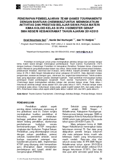 Top Pdf Penerapan Pembelajaran Team Games Tournaments Dengan Bantuan Chemimagz Untuk Meningkatkan Aktivitas Dan Prestasi Belajar Siswa Pada Materi Kimia Koloid Kelas Xi Ipa 3 Semester Genap Sma Negeri Kebakkramat Tahun Ajaran