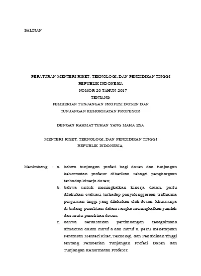 Salinan Permenristekdikti No 20 Th 2017 Ttg Tunjangan Profesi Kehormatan Distribusi Ii