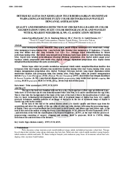 Deteksi Kualitas Dan Kesegaran Telur Berdasarkan Segmentasi Warna Dengan Metode Fuzzy Color Histogram Dan Wavelet Dengan Klasifikasi Knn Quality And Freshness Detection Of Chicken Egg Based On Color Segmentation Using Fuzzy Color